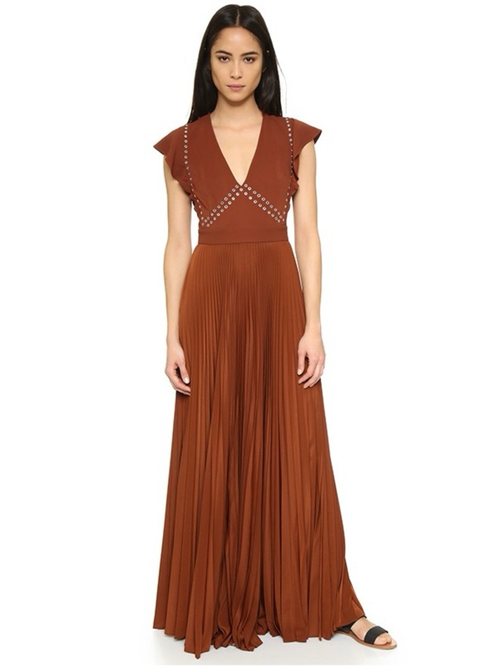 A.L.C Mara Grommet Pleated Maxi Dress in Brown Size 0